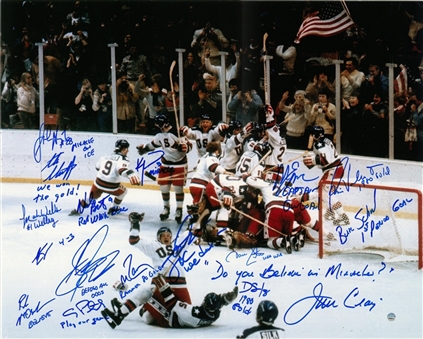 1980 USA Hockey Team Signed Celebration 16x20 Photo With 17 Signatures & Inscriptions (Steiner)